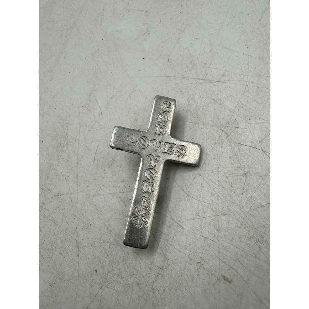 Vintage God Loves You Silver Tone Religious Cross Pin Lapel Brooch 1.5 Inch